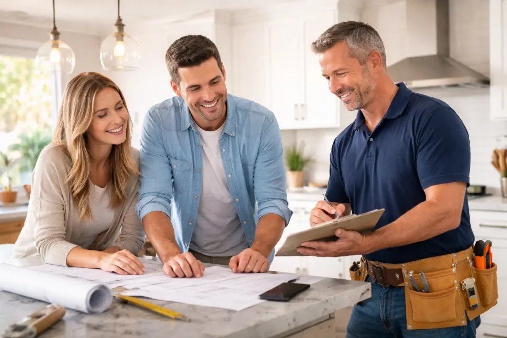 Contractor meeting with homeowners to discuss a remodeling project in Greater Boston